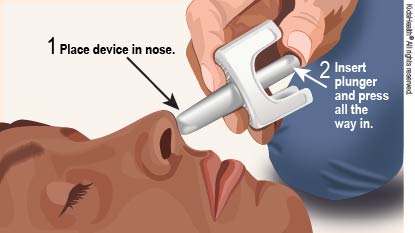 Place device in nose. Insert plunger and press all the way in.