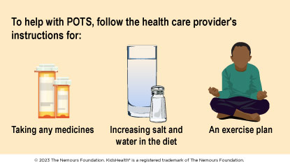 To help with POTS, follow the health care provider's instructions for: Taking any medicines, increasing salt and water in the diet, and an exercise plan.