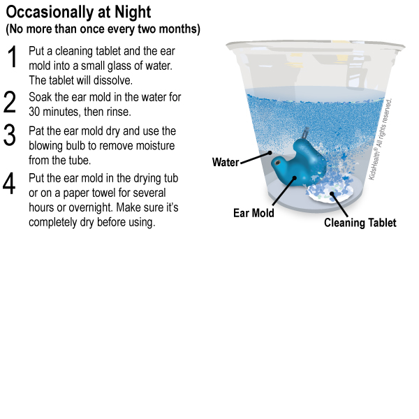 Occasionally at Night (No more than once every two months)
1. Put a cleaning tablet and the ear mold into a small glass of water. The tablet will dissolve.
2. Soak the ear mold in the water for 30 minutes, then rinse.
3. Pat the ear mold dry and use the blowing bulb to remove moisture from the tube.
4. Put the ear mold in the drying tub or on a paper towel for several hours or overnight. Make sure it’s completely dry before using.