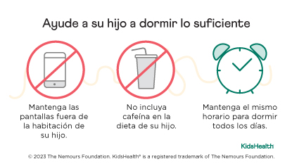 Dormir lo suficiente puede ayudar a prevenir los terrores nocturnos. Mantenga las pantallas fuera de la habitación de su hijo, evite la cafeína y mantenga el mismo horario para dormir.